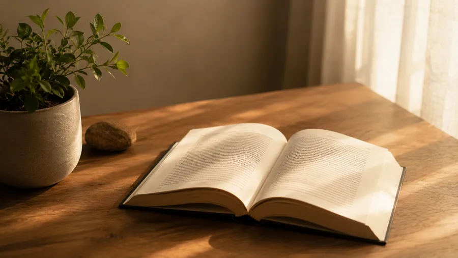Open book and plant in warm morning light