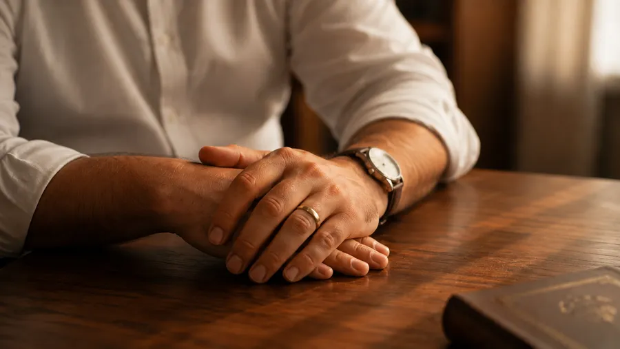 Man's hands resting on a wooden desk