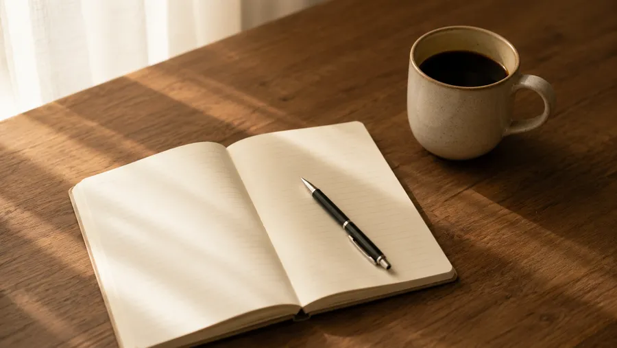 Open notebook and coffee on a warm wooden desk